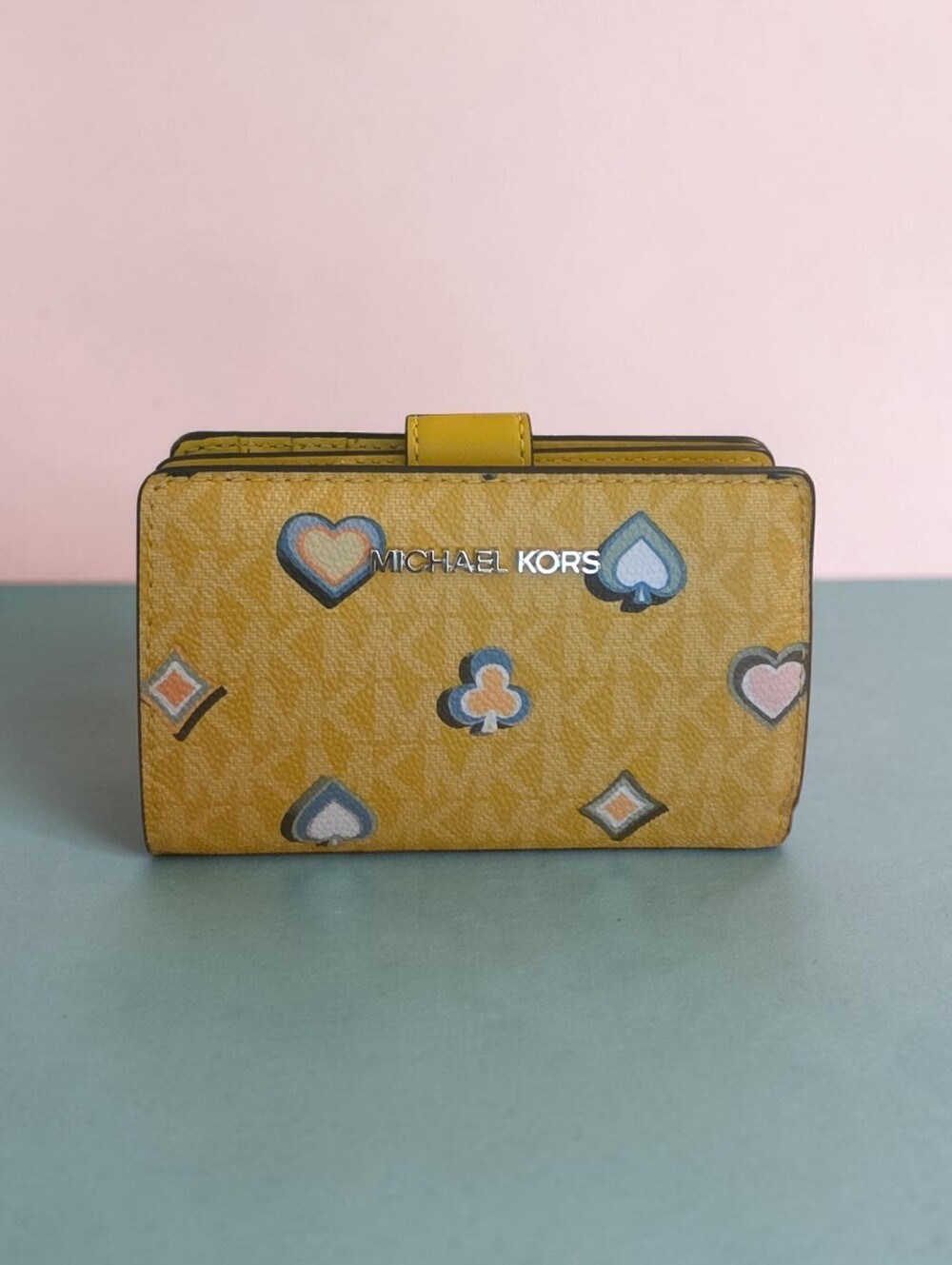 Nwt Michael Kors Yellow Patterned Card Wallet with Heart & Club Motifs
